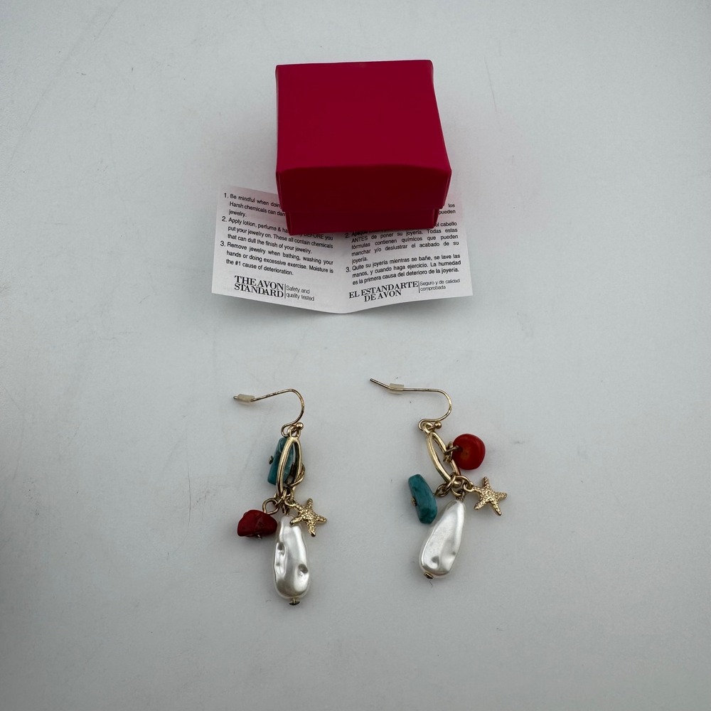 Avon Starfish Faux Pearl Drop Earrings‎ Gold Tone White Red Coastal Charm